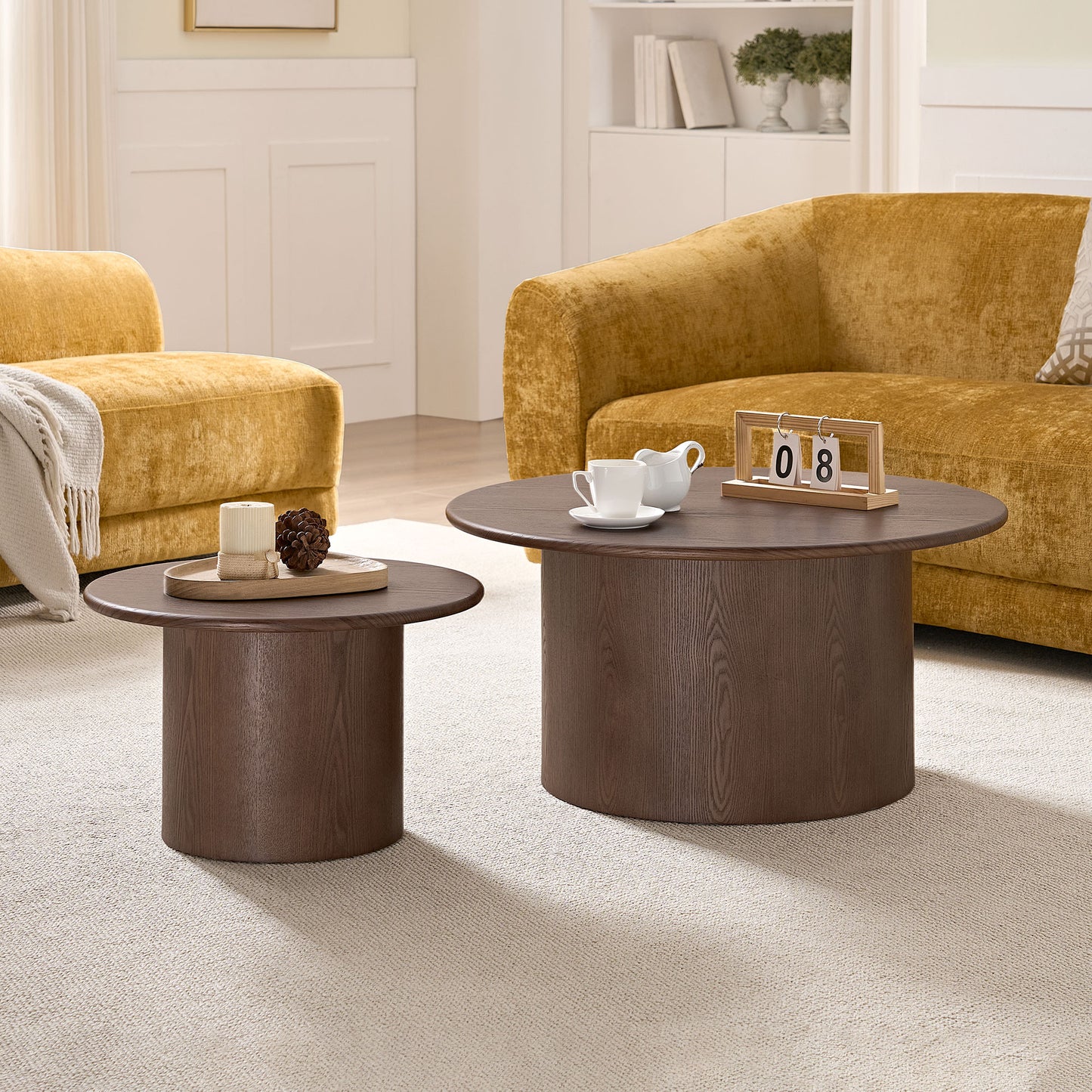 Round Coffee Table Set of 2 - Mid-Century Modern Walnut MDF