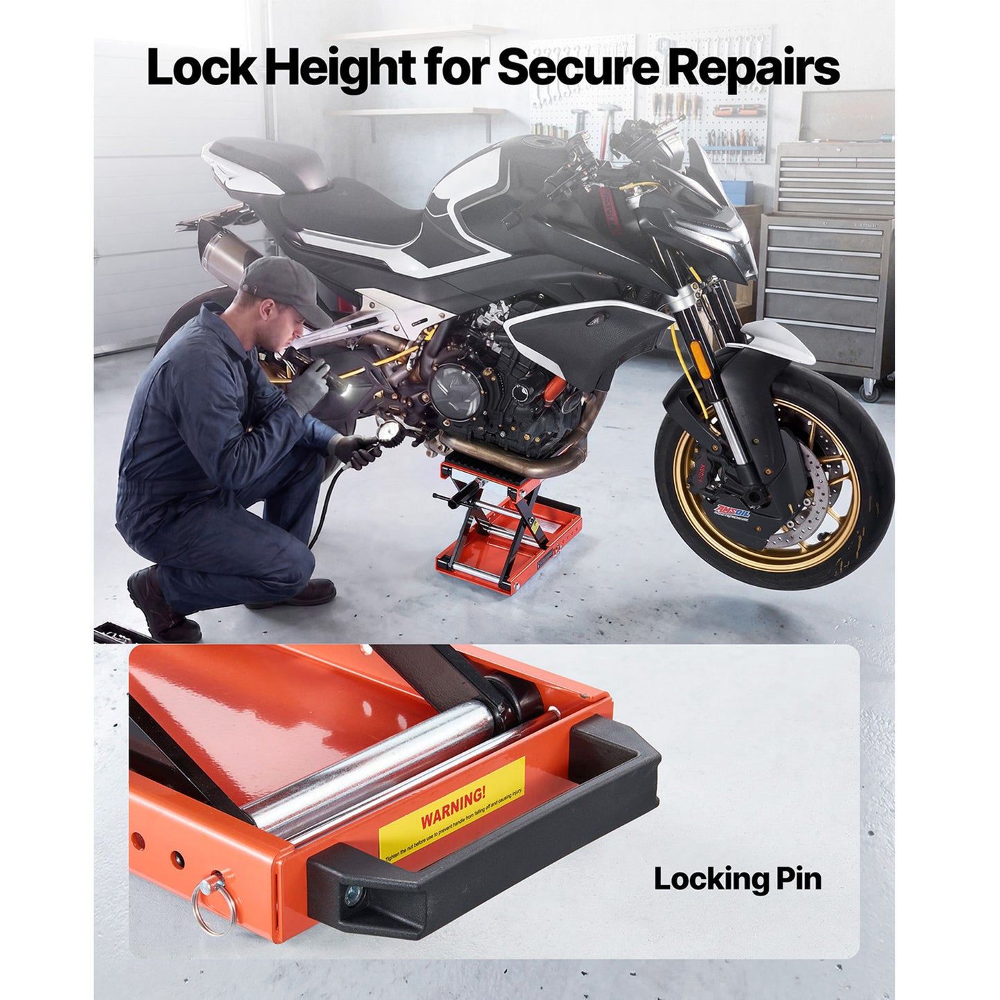 1500 Lb Motorcycle Lift Jack with Wide Deck & Lock Pin - Steel Scissor Stand for Bikes