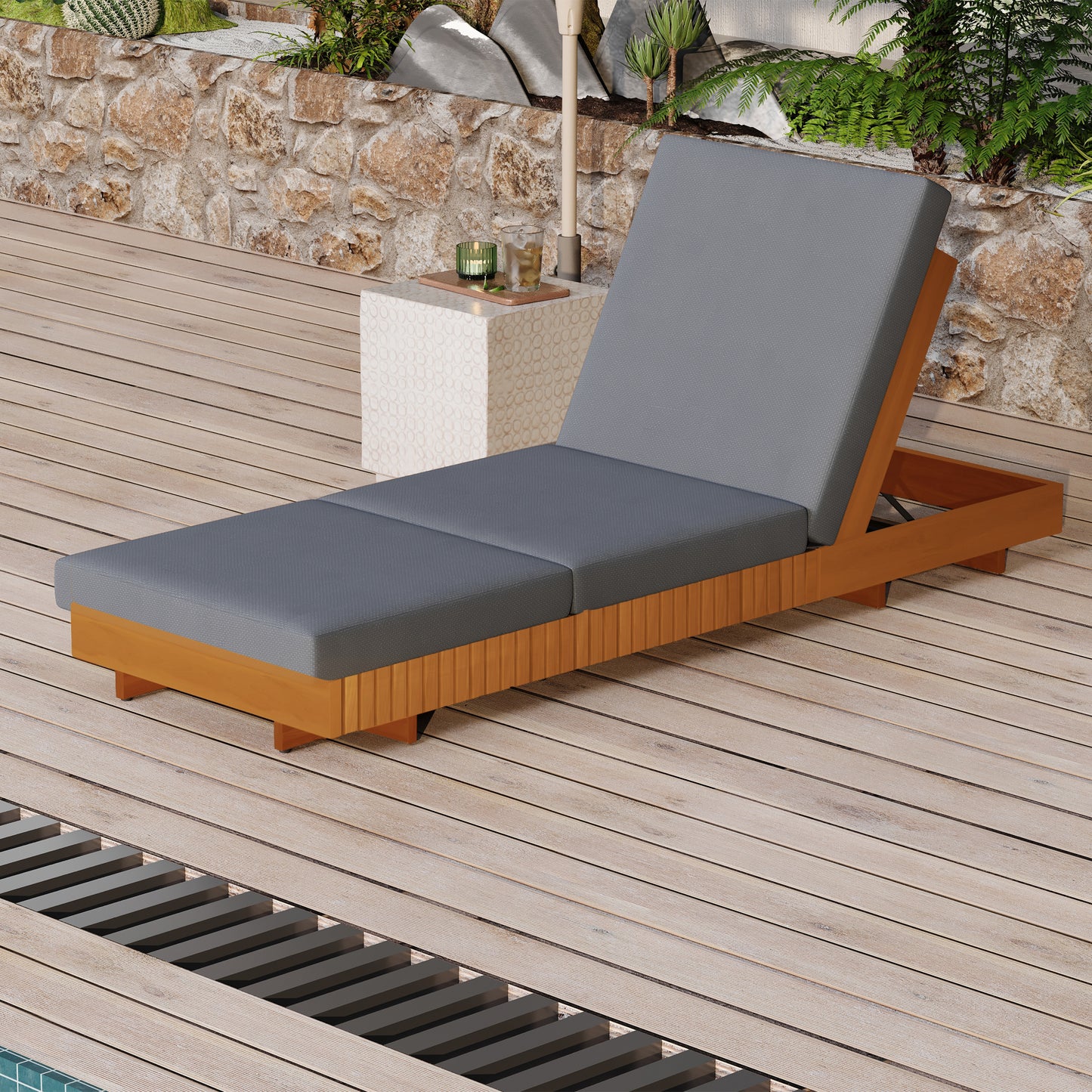 Lounge Chaise Set - Acacia Wood with Dark Grey Cushion