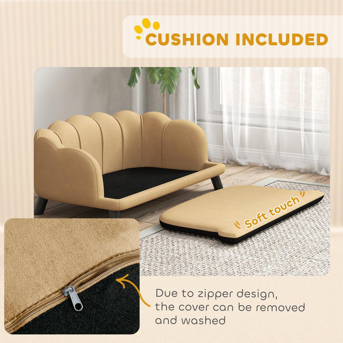 Pet Sofa Bed with Velvet Cushion & Solid Wood Legs for Medium & Large Dogs