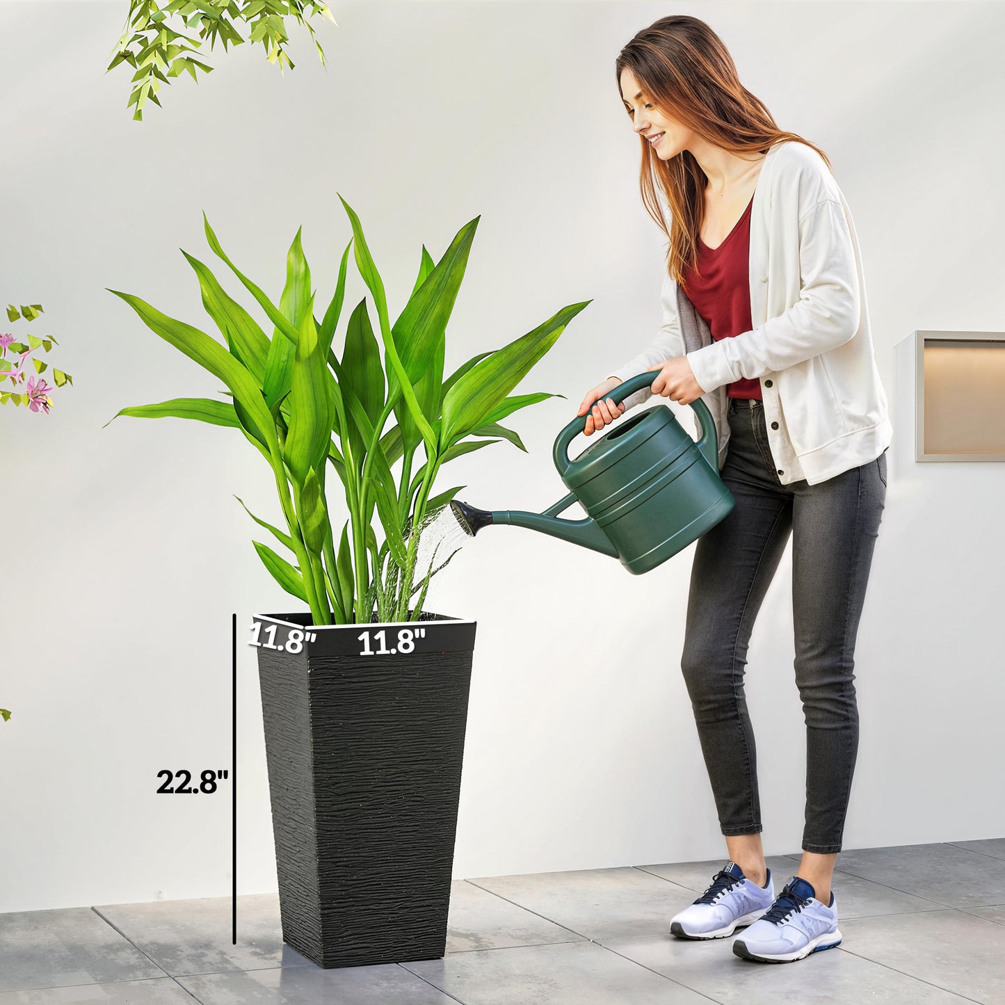Set of 3 Outdoor Planting Pots with Wheels and Stone Finish - Stackable 22.8 Inch Black Garden Planters