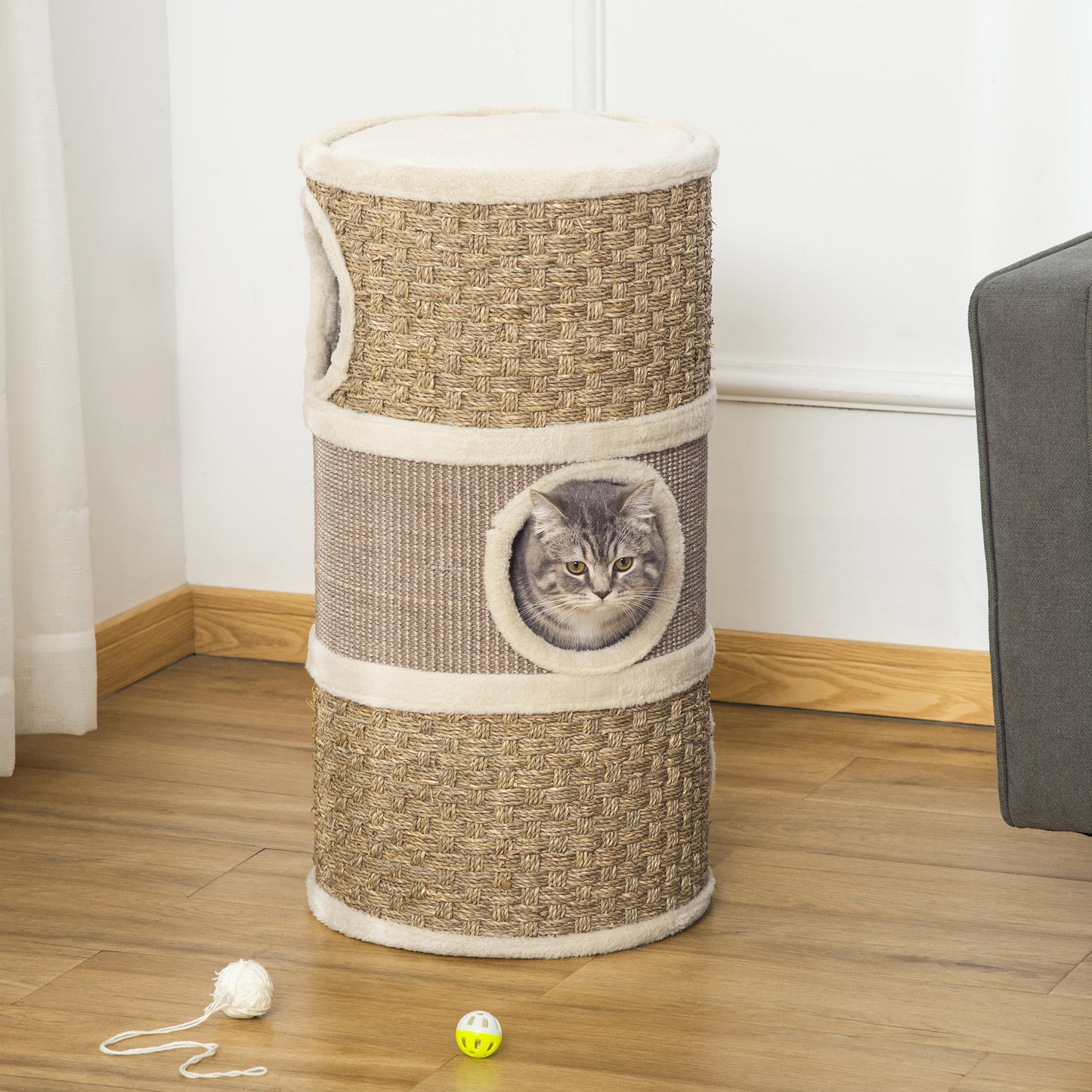 28-Inch Cat Condo Tower with Sisal Scratching Pad and Multiple Hideaways