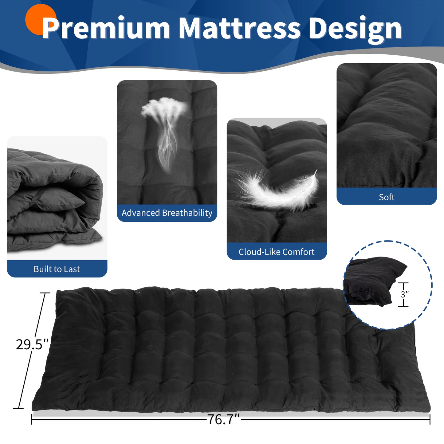 Folding Camping Cot Bed with Soft Pad - Portable Black Cot