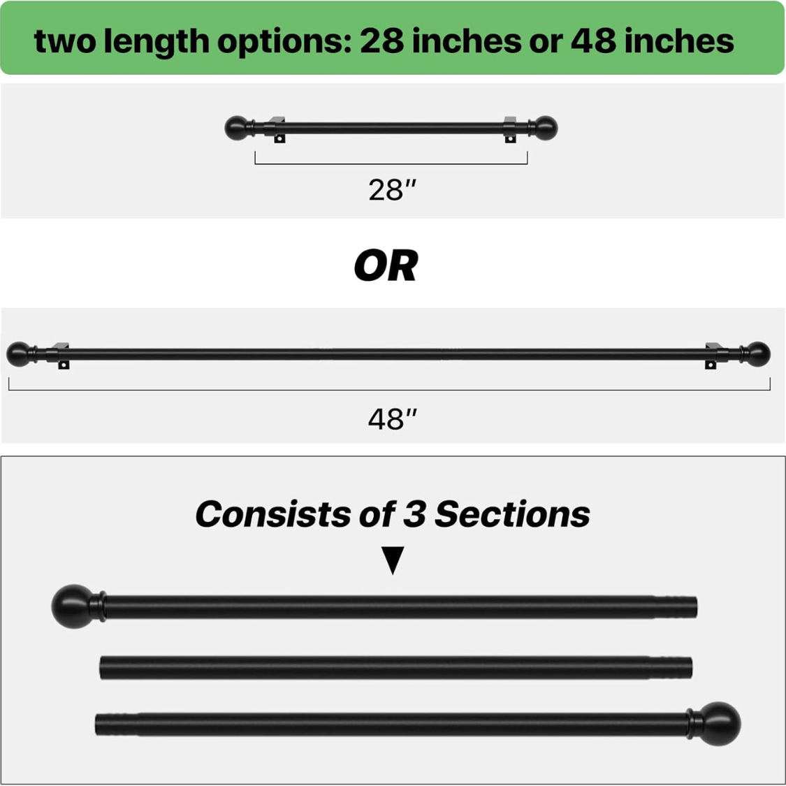 Adjustable Black Curtain Rod Set 28-48 Inch with Brackets