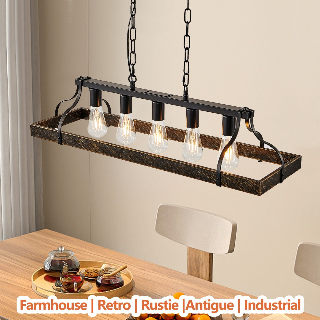 34-Inch Black Gold Vintage Pendant Light - 5 Bulb Sockets
