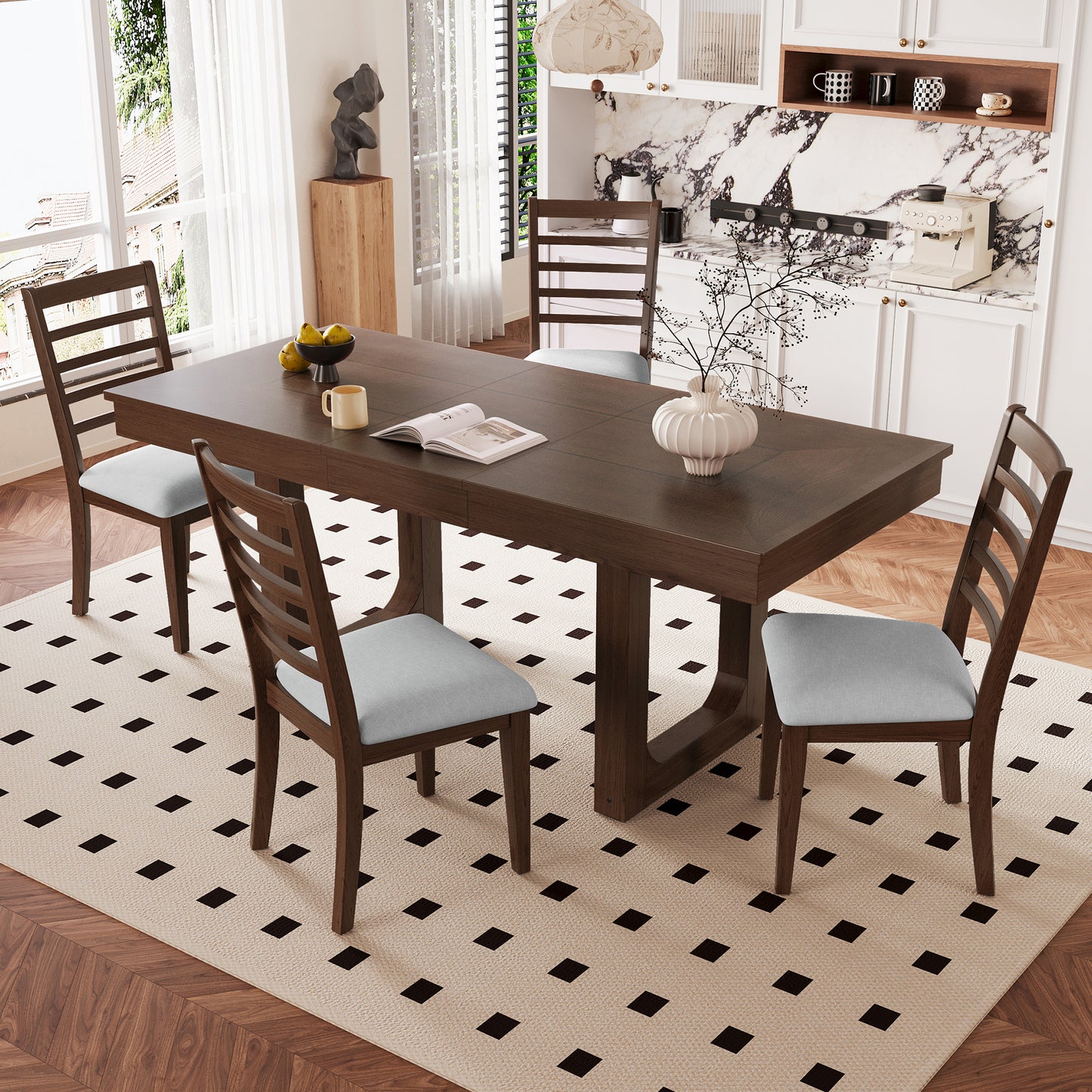 5-Piece Extendable Dining Table Set, Farmhouse With 18 Move Leaf, 78