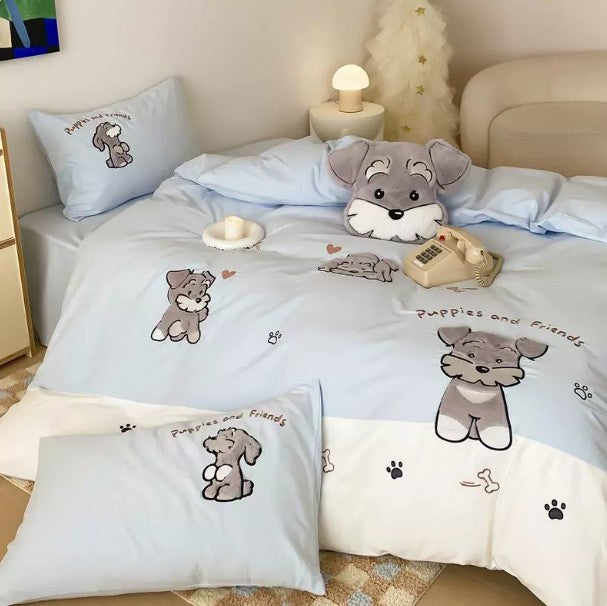 Cute Schnauzer Cotton Bedding Set - Embroidered Cartoon Bed Linen