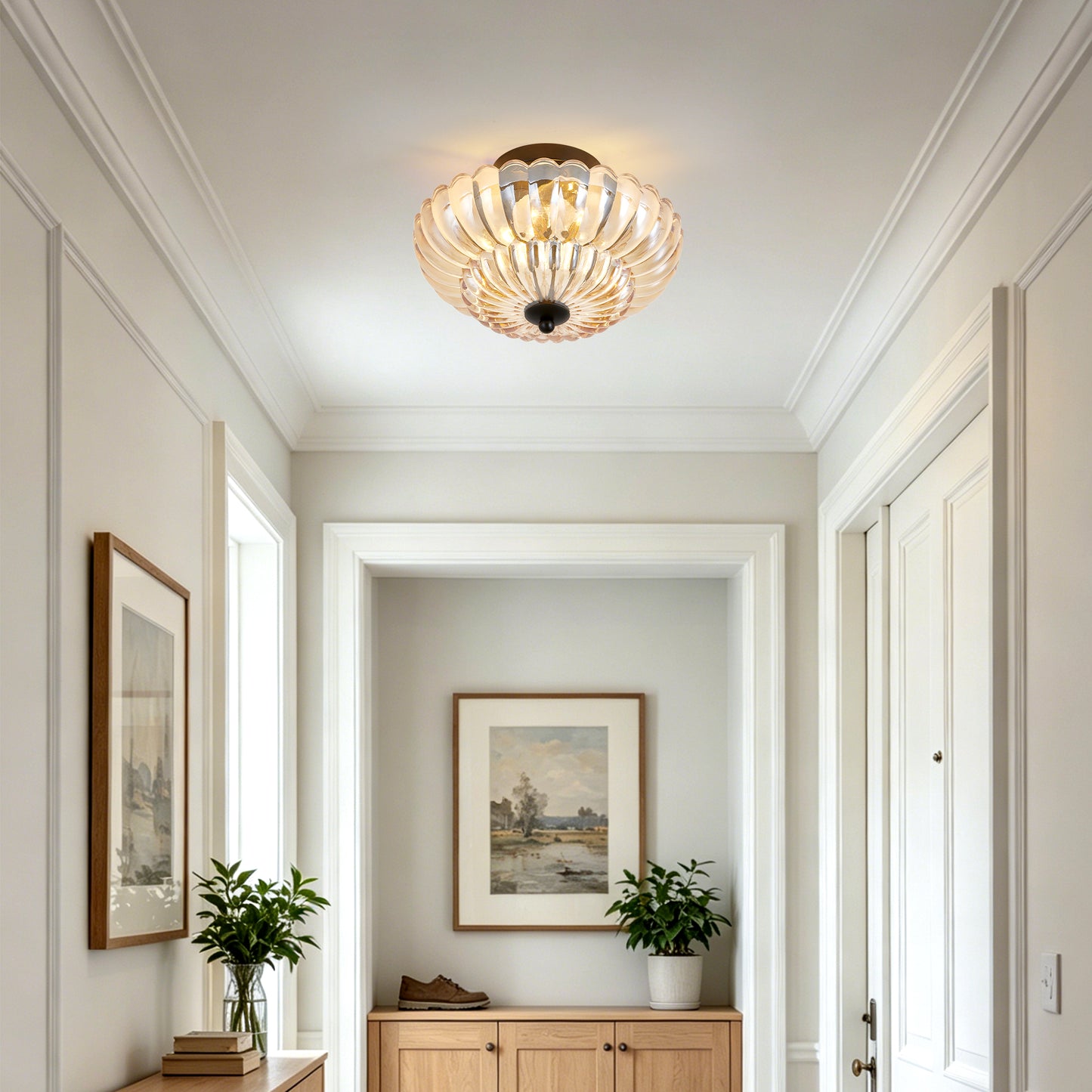 Amber Glass Ceiling Light Fixture for Living Room & Bedroom - 3 Bulb Modern Flush Mount