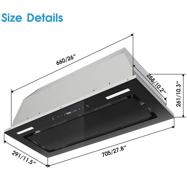 30 Inch Range Hood Insert 800 CFM Black Glass Vent Fan with Gesture Touch Control