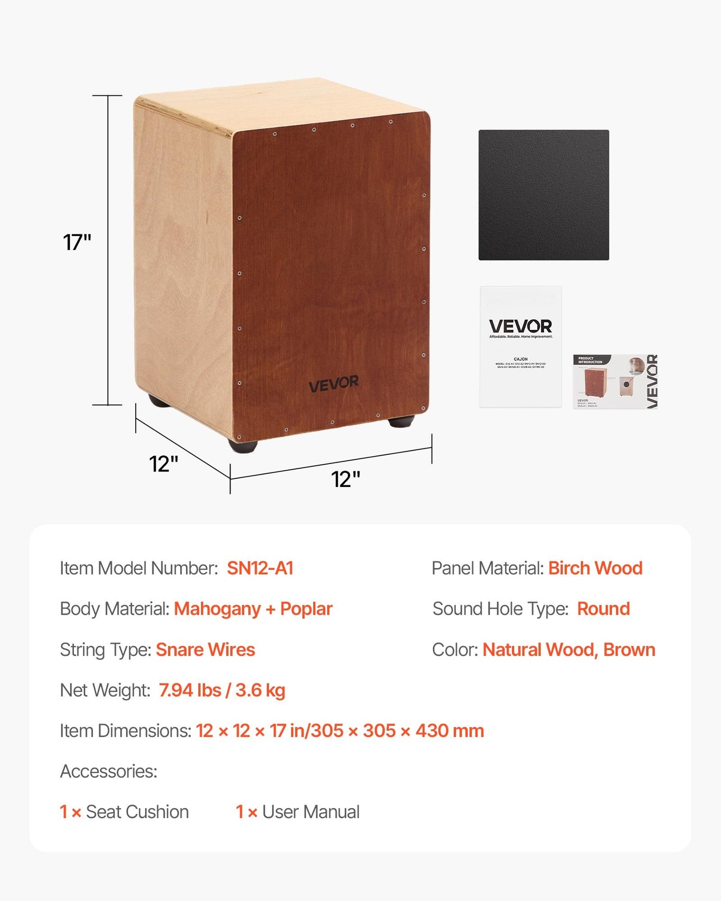 Wooden Cajon Box Drum with Snare Wires, Birch Bass Percussion Instrument