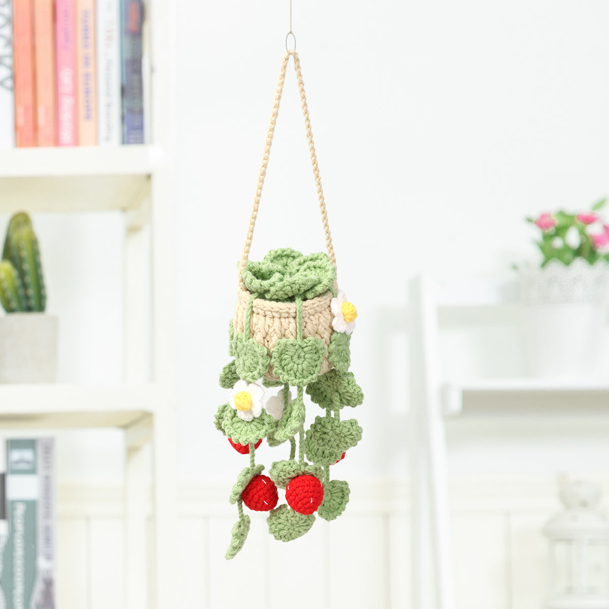 Handmade Crochet Hanging Plant Ornament with Strawberry & White Blossom Decor - Indoor Home Decor