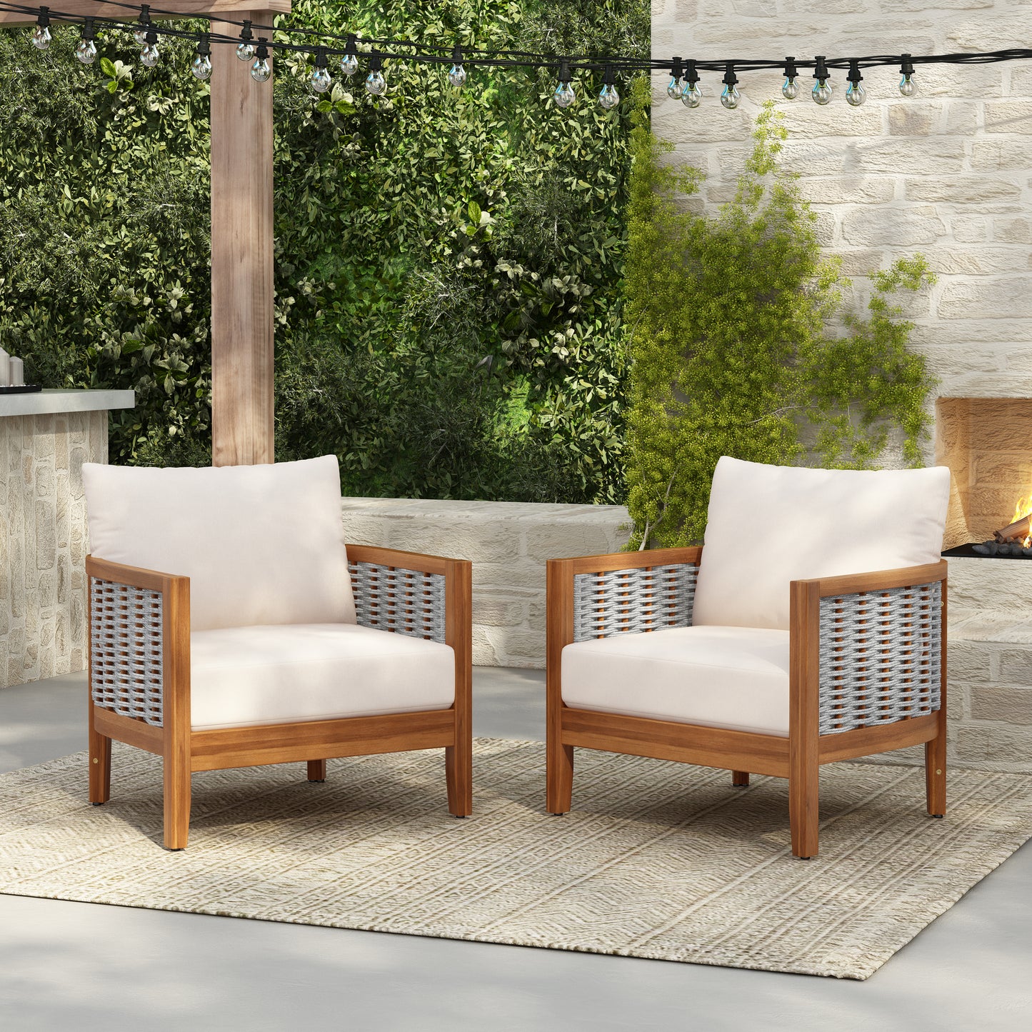 2 Pieces Outdoor Unique Tub Design Armchair With Woven Rope, Patio