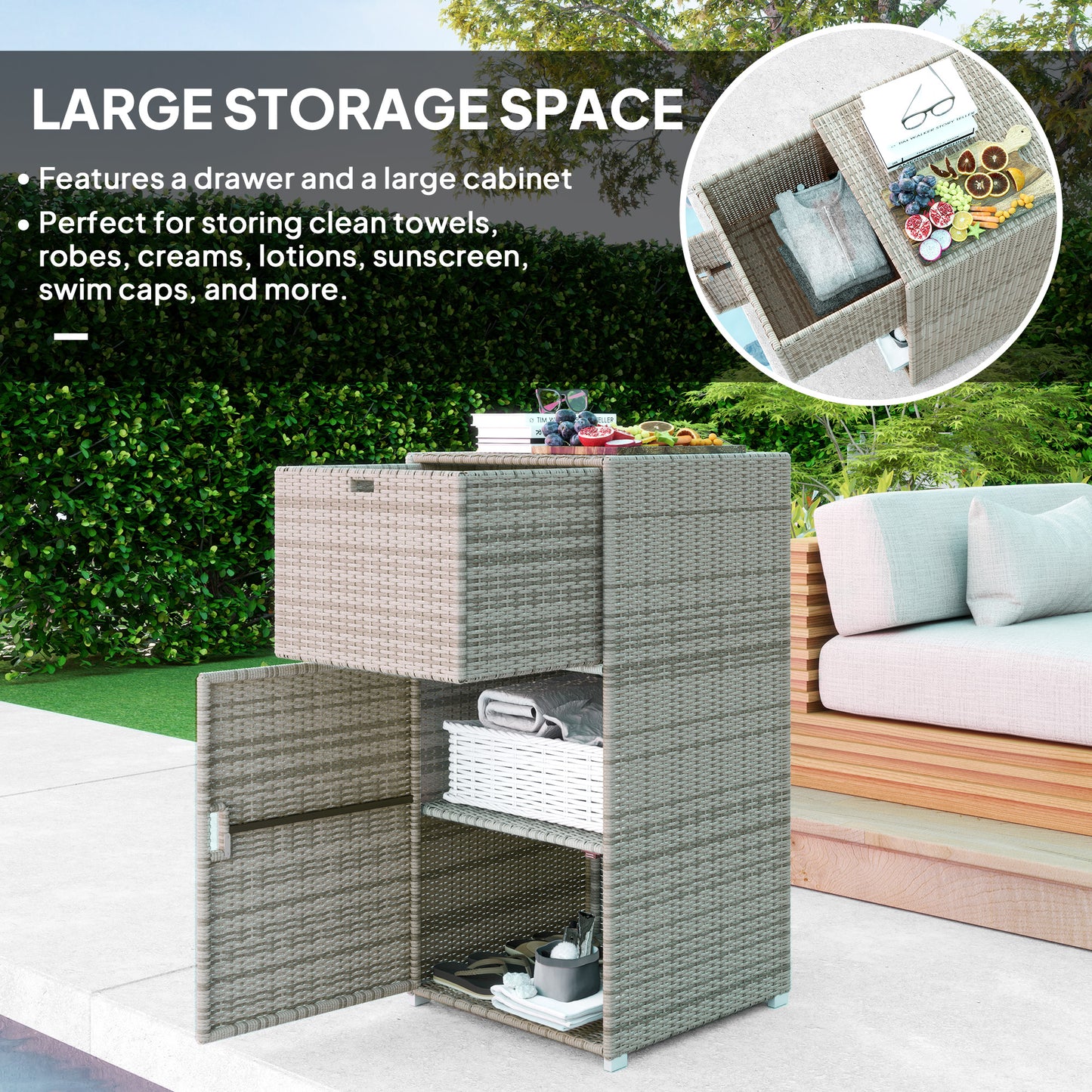 Outdoor Towel Rack For Pool W Drawer & Cabinet, Gray