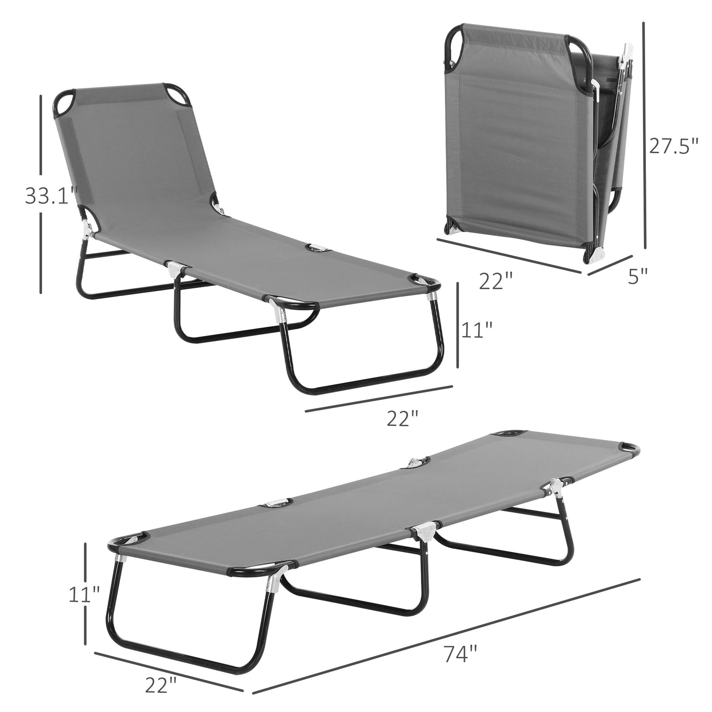 Folding Chaise Lounge Chairs - 2-Piece Set with 5-Level Recline, Dark Gray