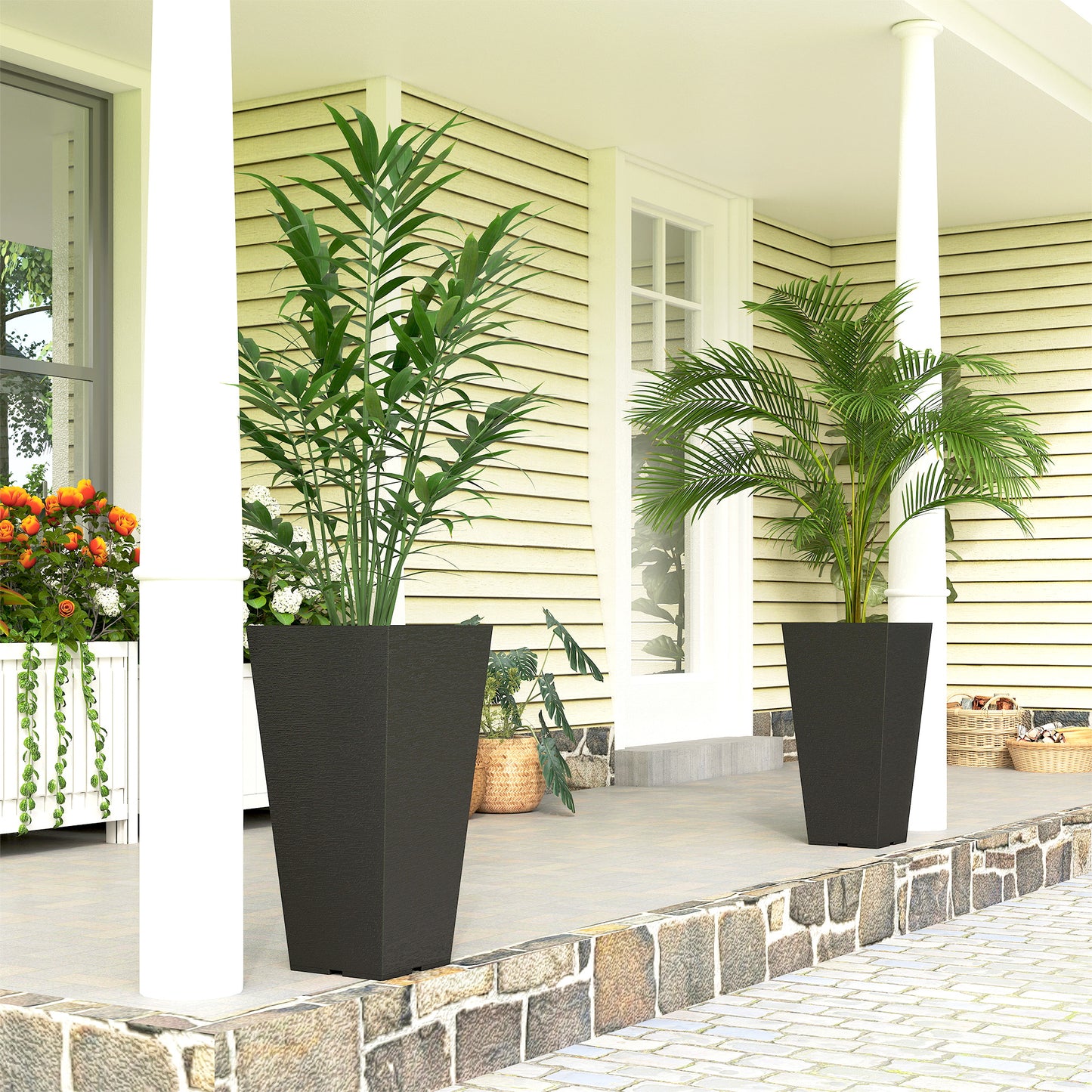 Tall Outdoor Plant Planters Set of 2 - Black Plastic Flower Pots for Garden & Patio