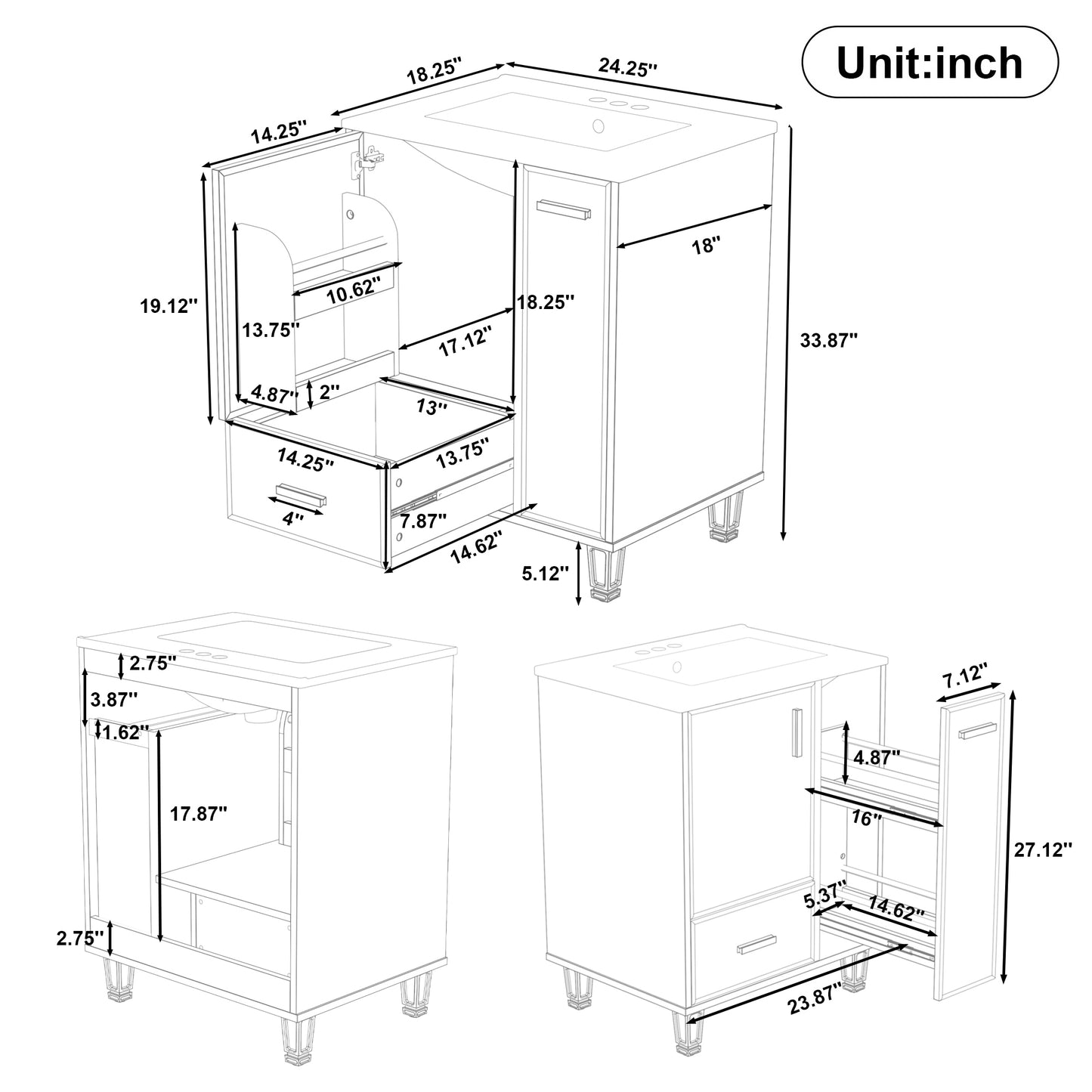 24" Bathroom Vanity with Sink - Grey Blue, Solid Wood Frame