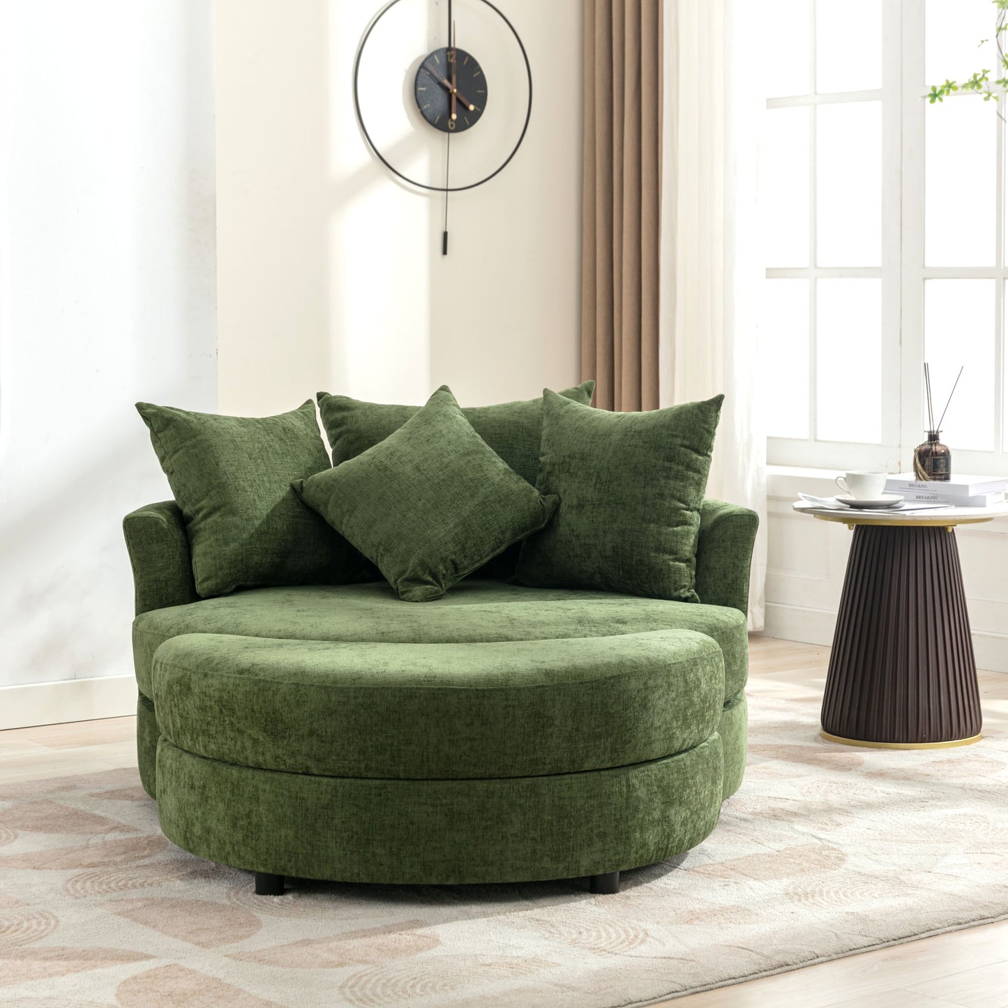 360° Swivel Accent Barrel Chair with Storage Ottoman & 4 Pillows - Green