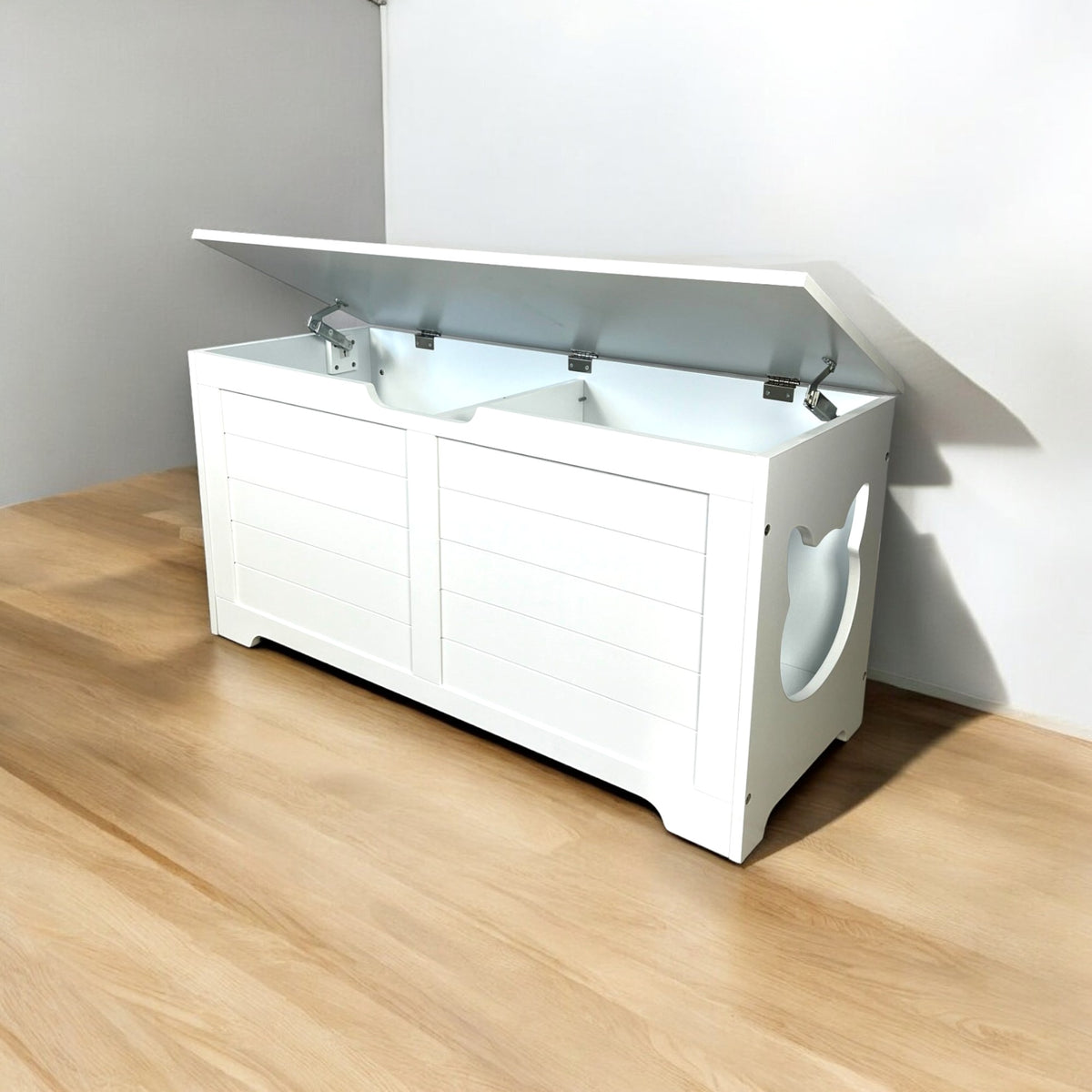 Large Open Cat Litter Box Fence Furniture - Modern White Cat House & Storage