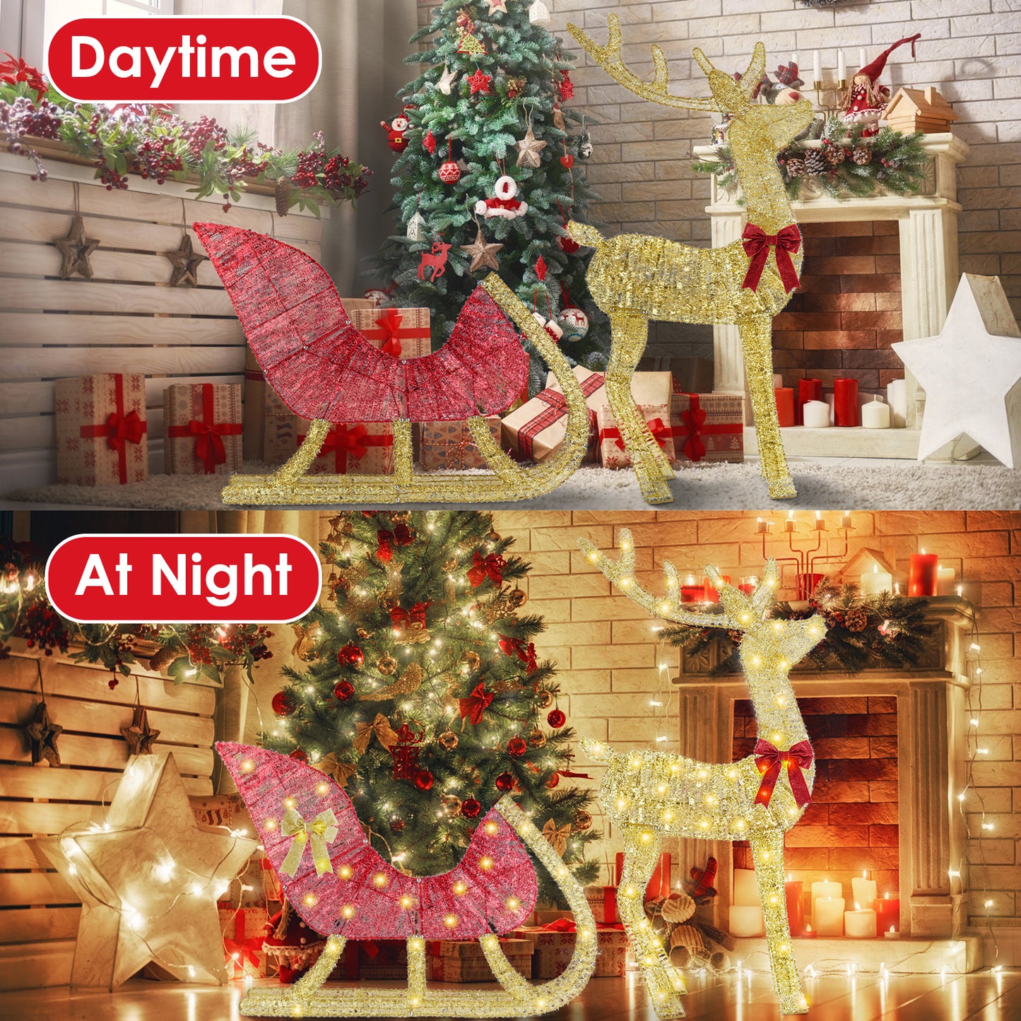 Lighted Christmas Reindeer & Sleigh - 8 Lighting Modes Decor