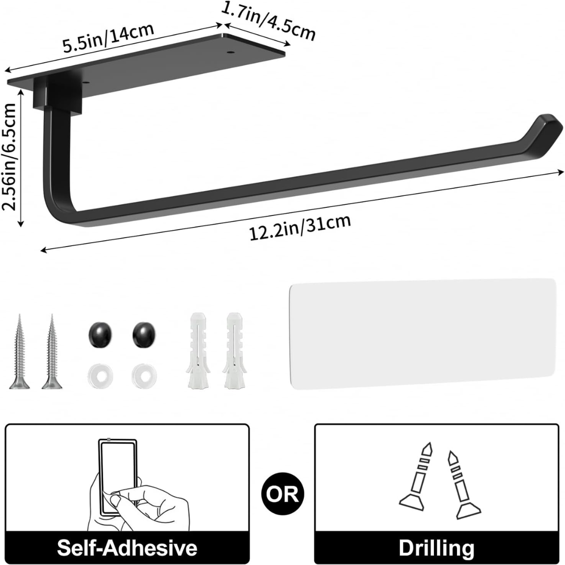 Paper Towel Holder Self Adhesive Or Drilling Matte Black Upgraded