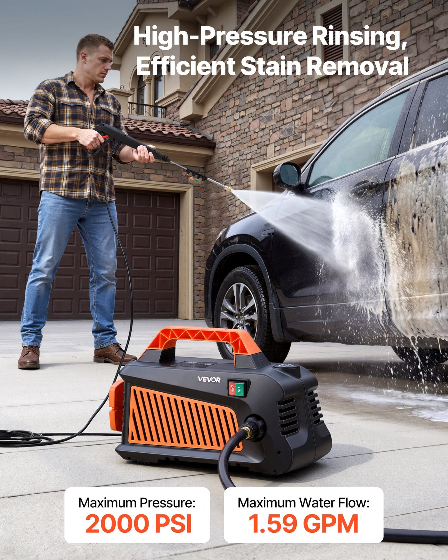 Portable Electric Pressure Washer 2000 PSI Max GPM for Cars & Surfaces - Black