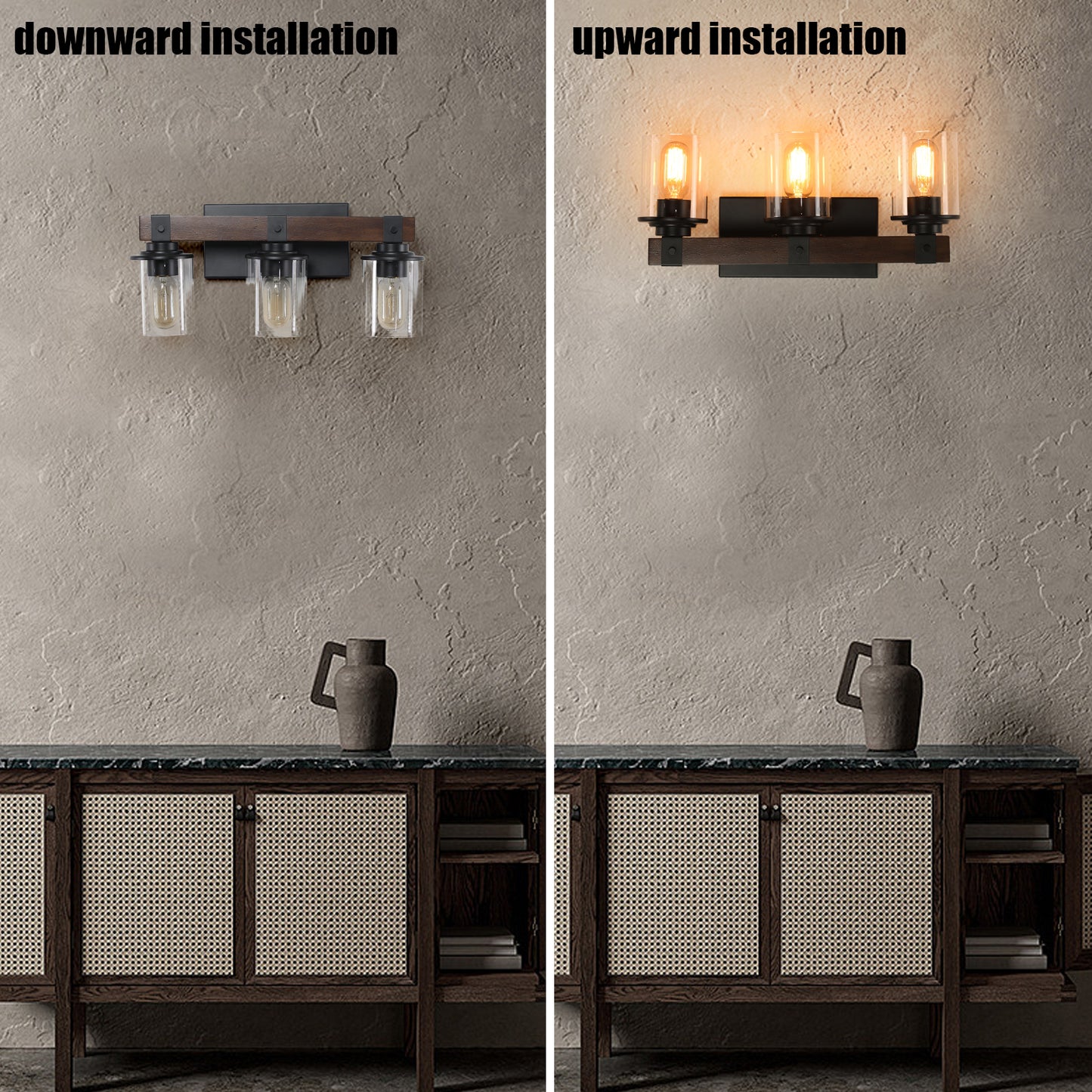 Rustic 3-Light Vanity Light Fixture with Glass Shades and Wood Accent