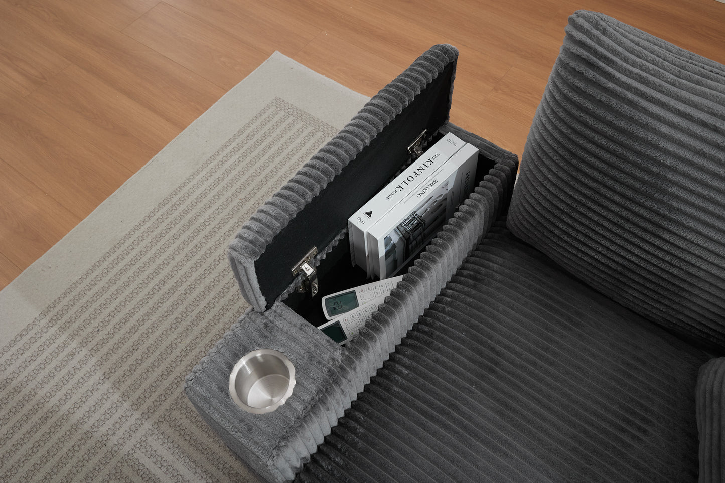 Corduroy Upholstered Chaise Lounge Sofa with Storage & Ottoman - Grey