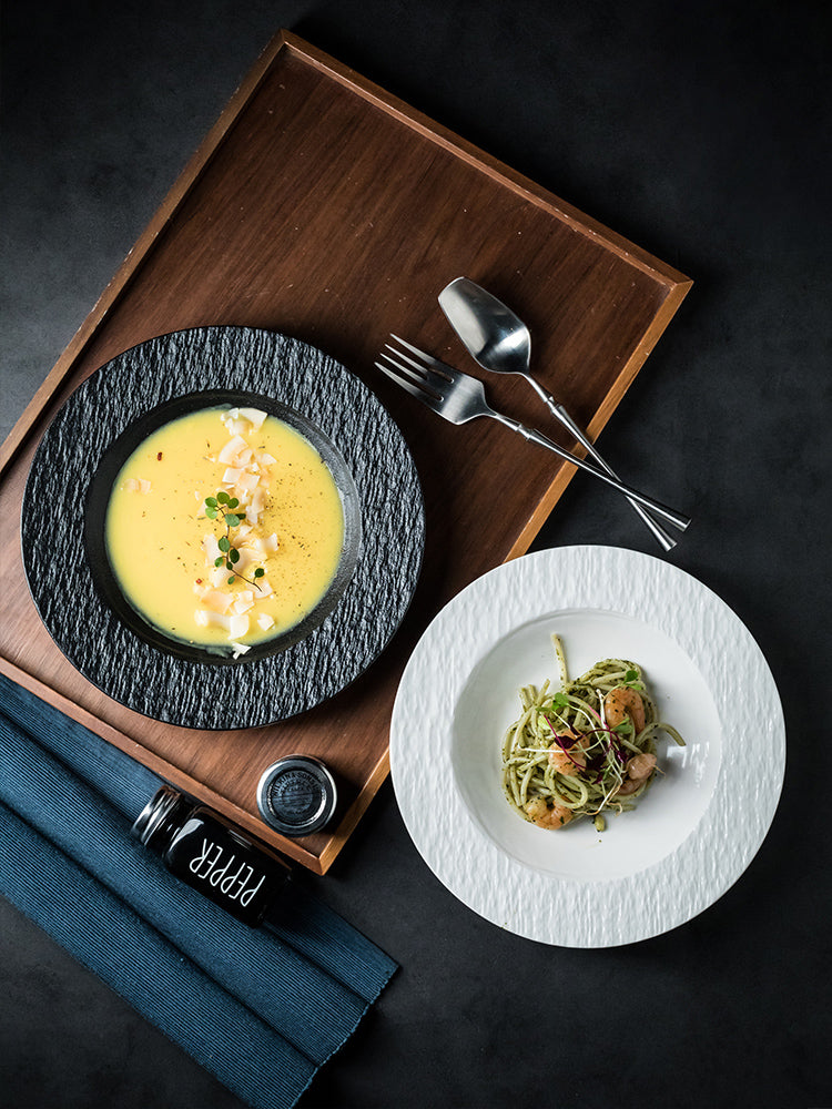 Ceramic Soup Plate Set - Stone Pattern Round Dinnerware for Kitchen & Dining