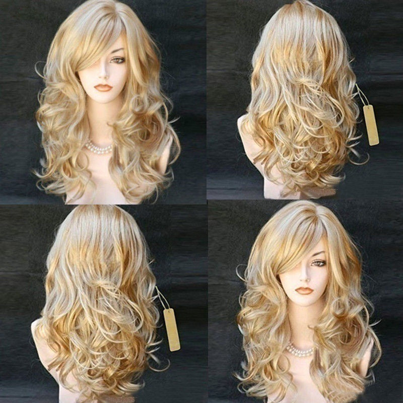 Long Curly Synthetic Wigs with Oblique Bangs - Multiple Colors
