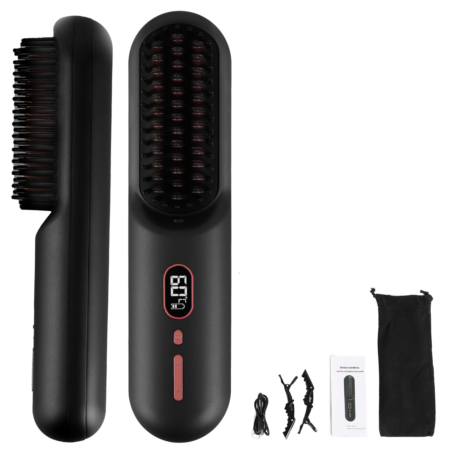 Cordless Negative Ion Hair Straightener Brush - Portable Rechargeable Comb