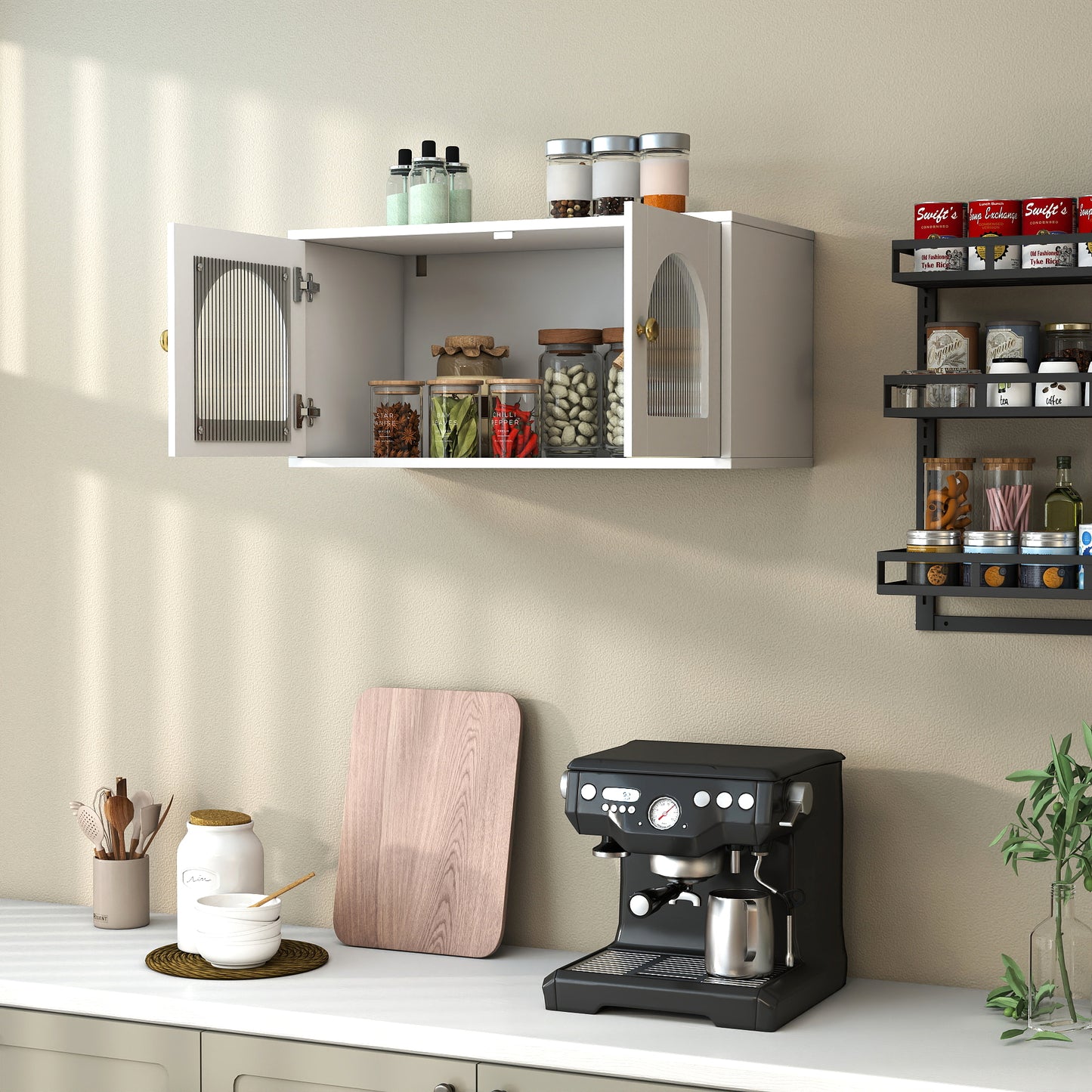Wall-Mounted Glass Door Cabinet - White Floating Storage