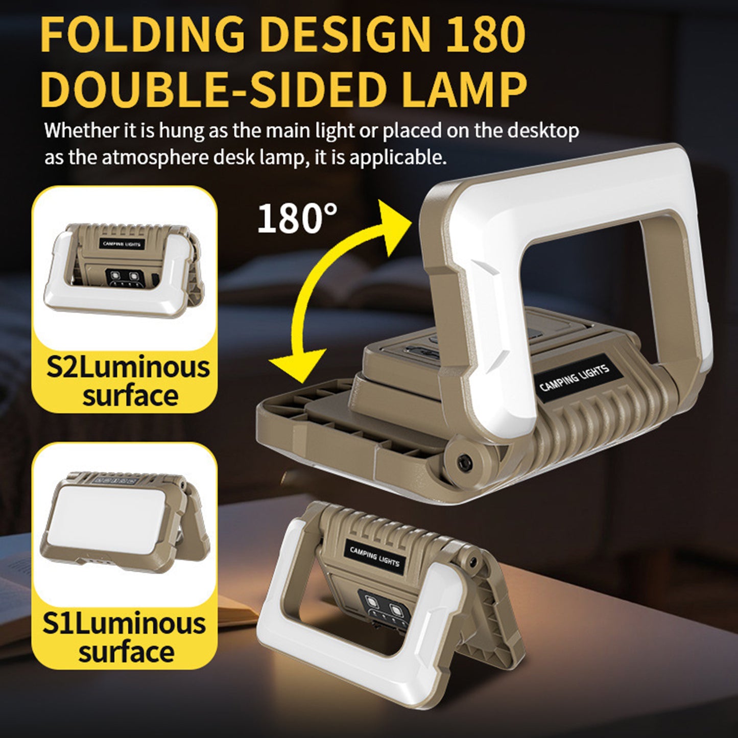 LED Camping Lamp, Foldable, Dual-sided Illumination, 5 Modes,
