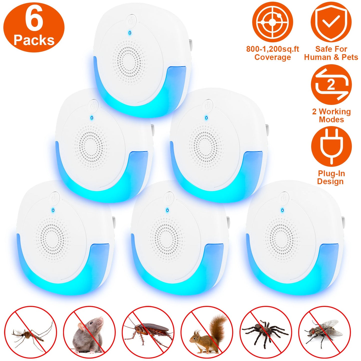 Ultrasonic Pest Repeller 6-Pack - Safe Rodent & Insect Control, Dual Modes