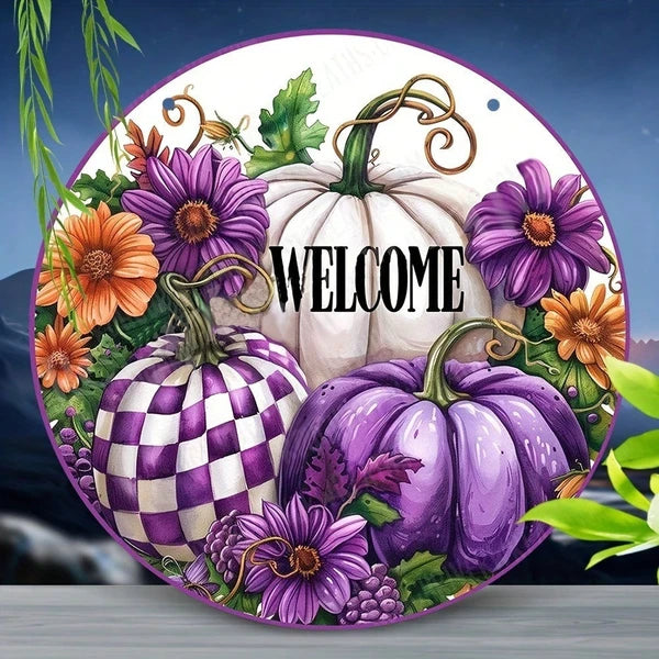 Handmade 2D Flat Round Acrylic Wreath - Purple Pumpkin Decor