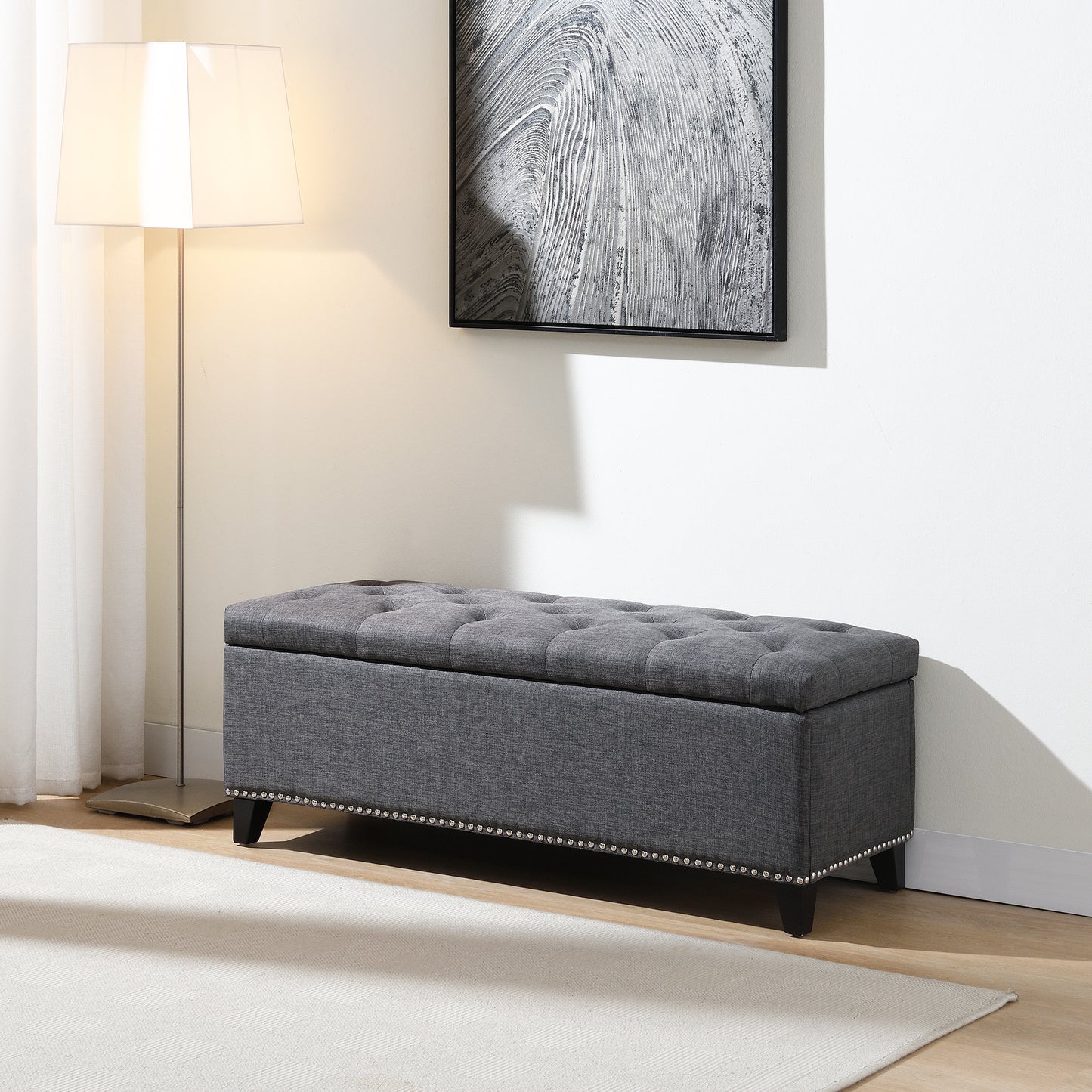47.5 Storage Ottoman, Bench With Safety Close Hinge, Linen