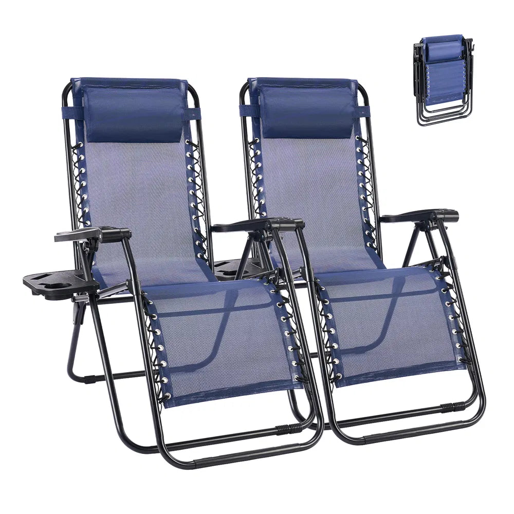 Set of 2 Folding Reclining Lounge Chairs with Cup Holder & Pillow