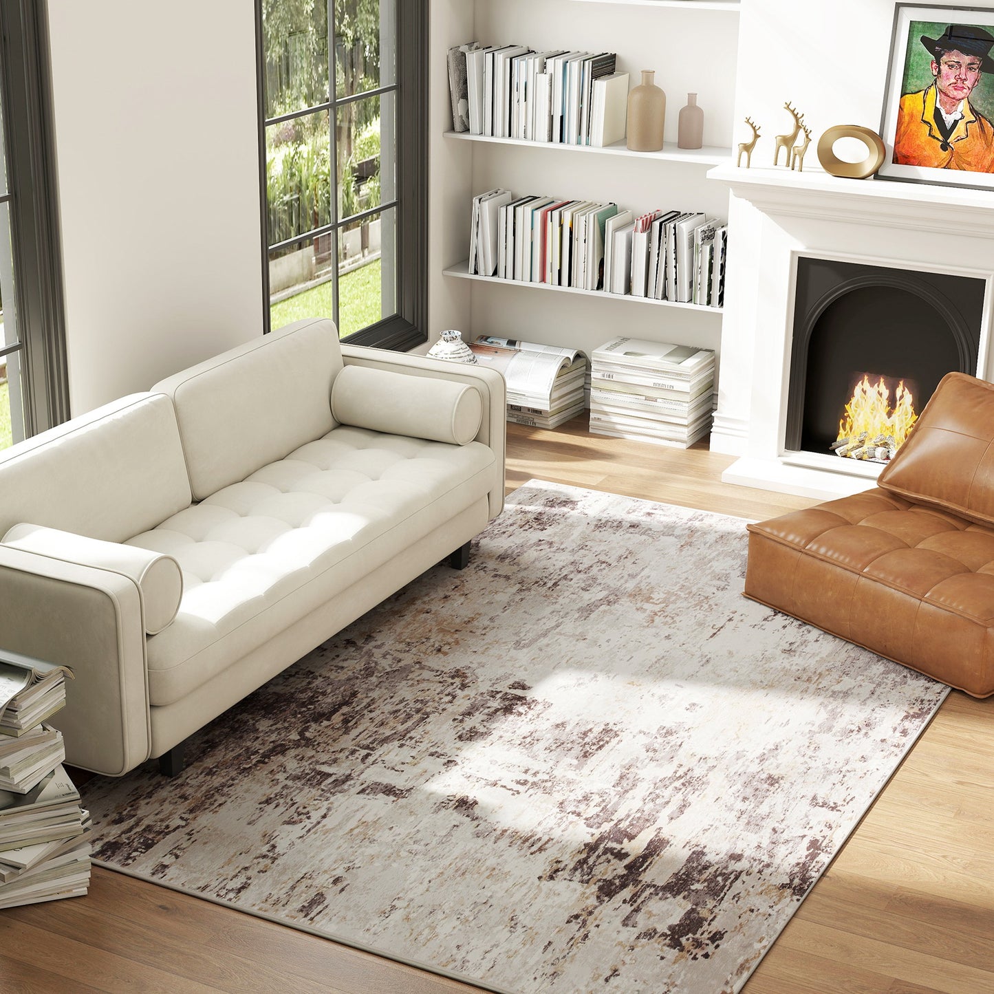 Machine Washable Area Rug 5x7 - Non-Slip Abstract Carpet, Mixed-Brown