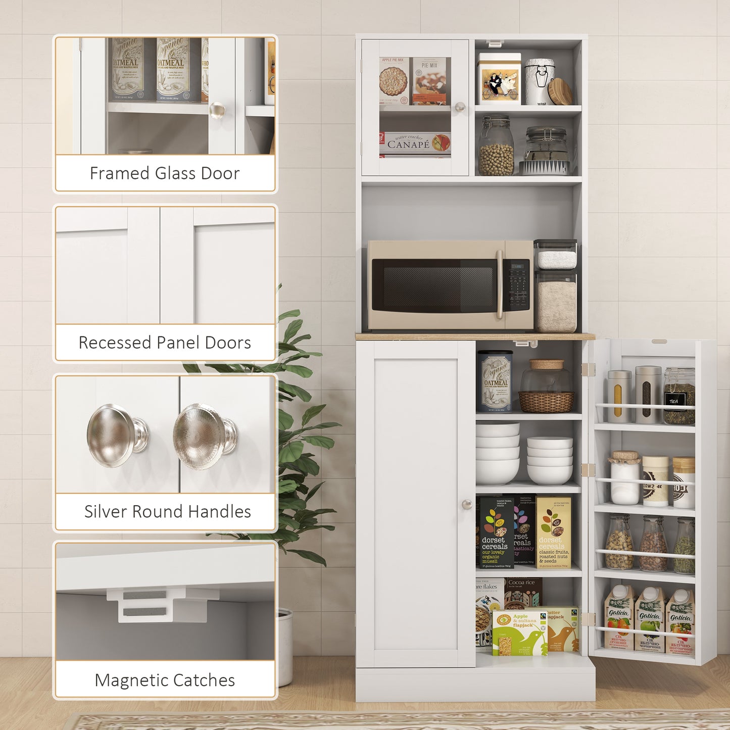 66.5" Tall Kitchen Pantry Cabinet with Adjustable Shelves - White