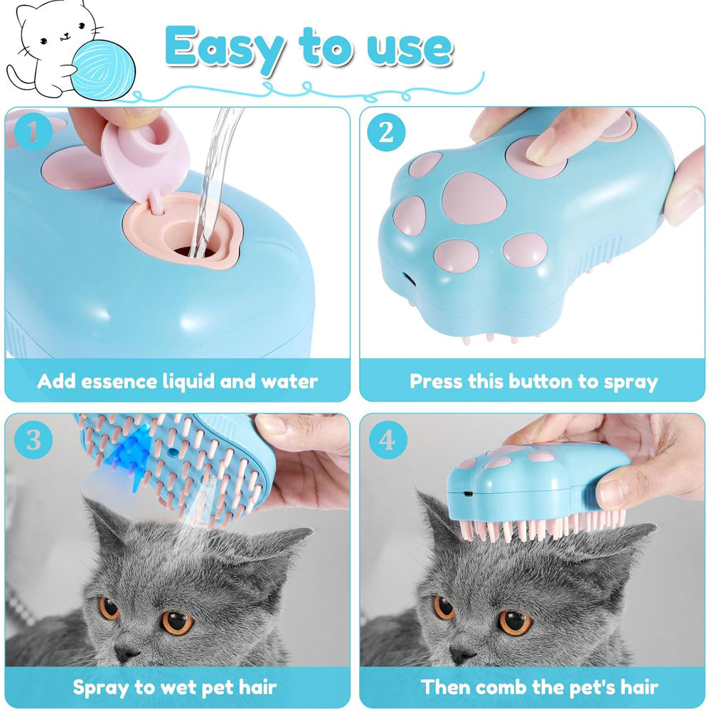 Rechargeable Pet Steam Grooming Brush with Paw Shape and Soft Silicone Teeth
