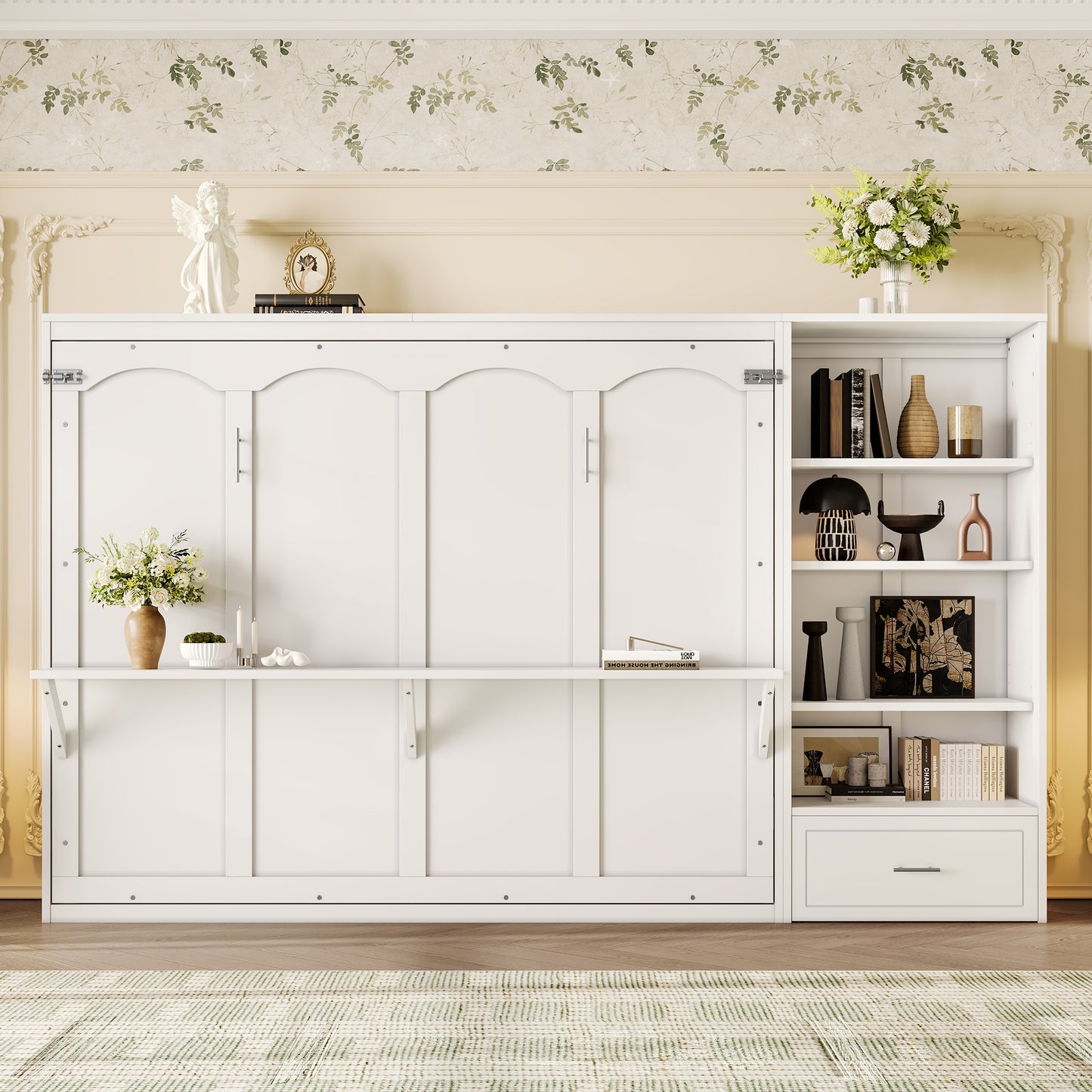 Queen Size Murphy Bed With Height Adjustable Storage Compartments And