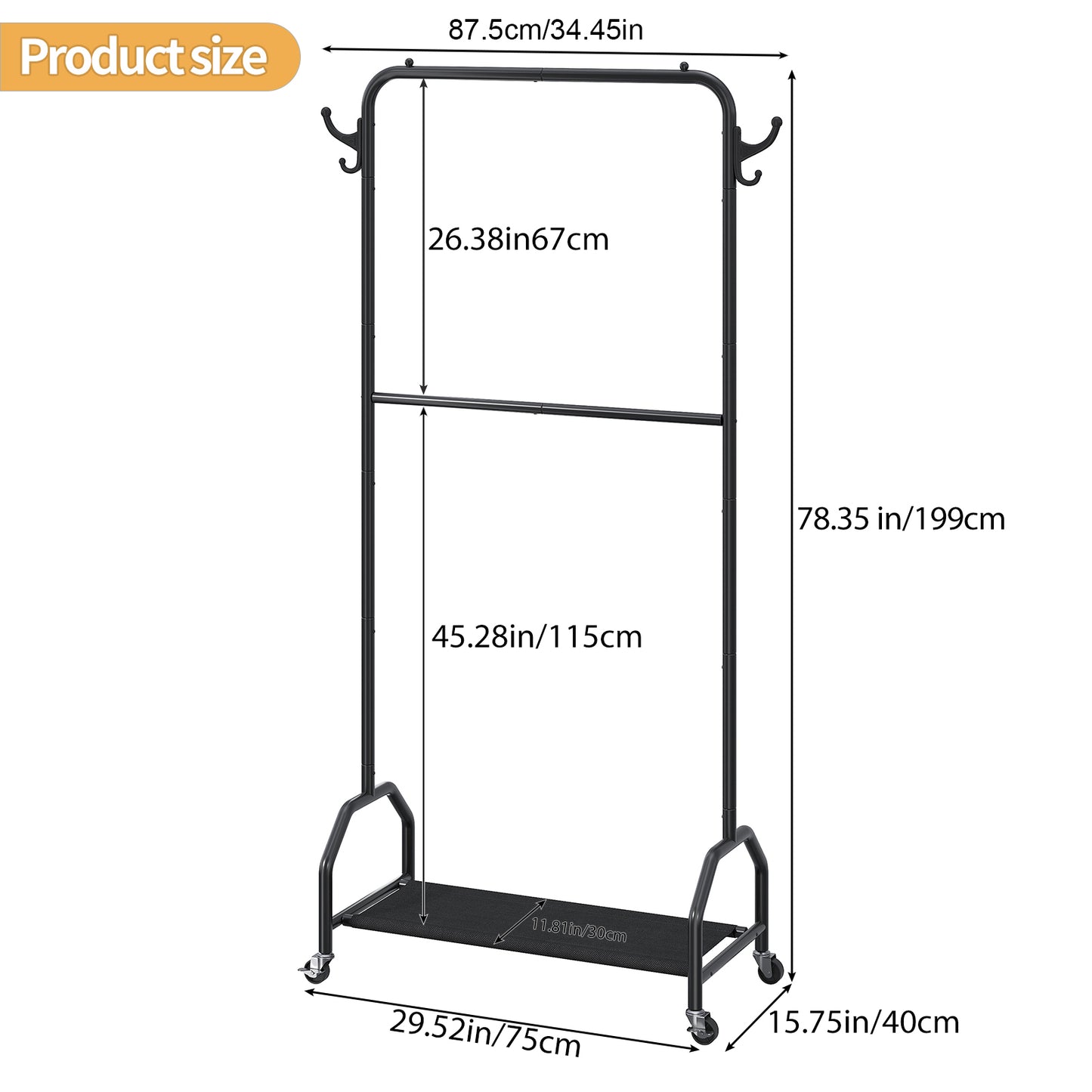 Double Hanging Clothes Rack with Wheels & Bottom Shelf - Black