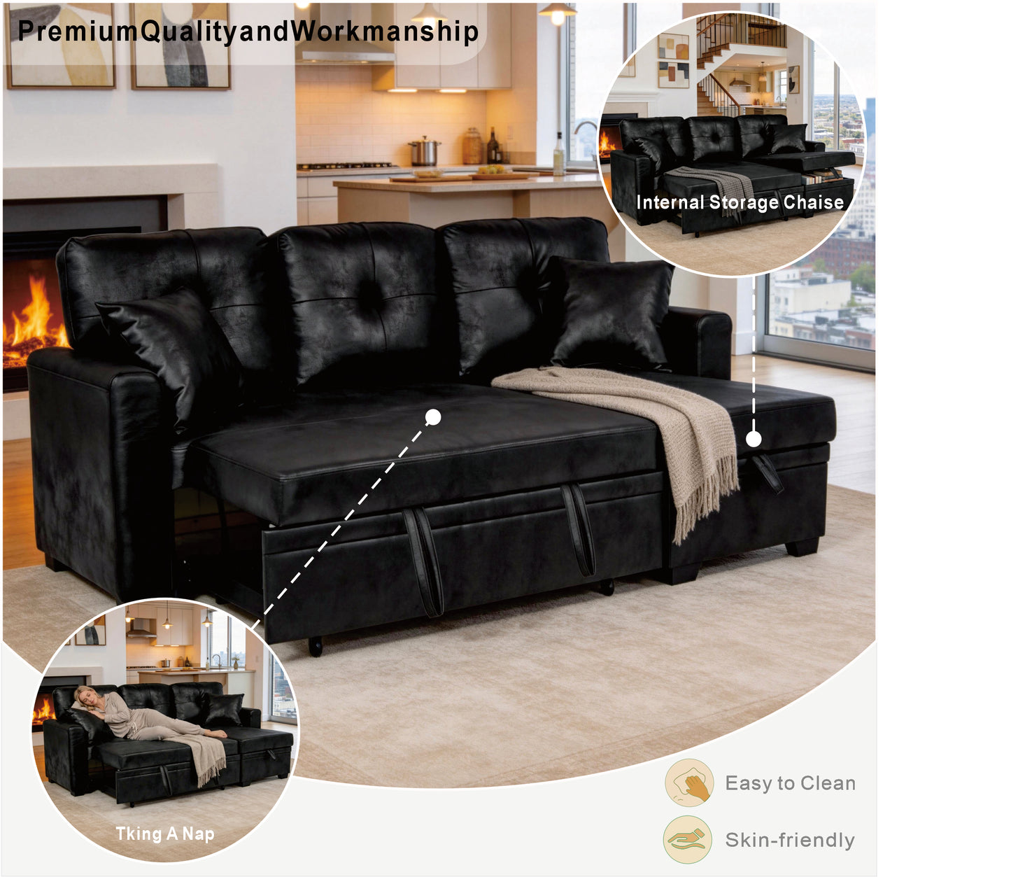 Sleeper Sofa with Pull-Out Bed & Reversible Chaise - Black