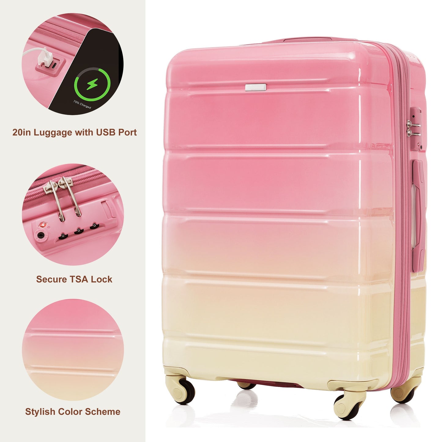 20-Inch Hard Shell Luggage Set with USB Port - Pink