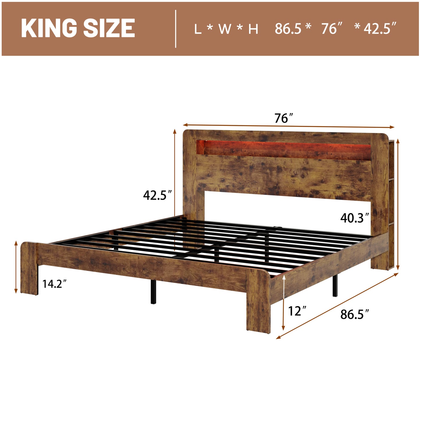 King Wood Bed Frame with LED Headboard, USB Ports & Storage