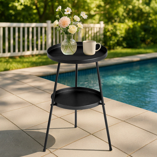 Patio Small Side Table, Round 2 Tier End Metal Coffee Table For