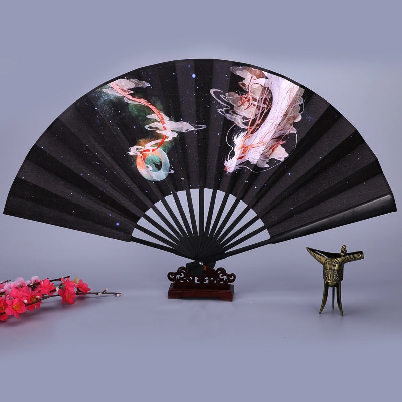 Antique Han Chinese Folding Fan with Bamboo Handle - Multiple Sizes
