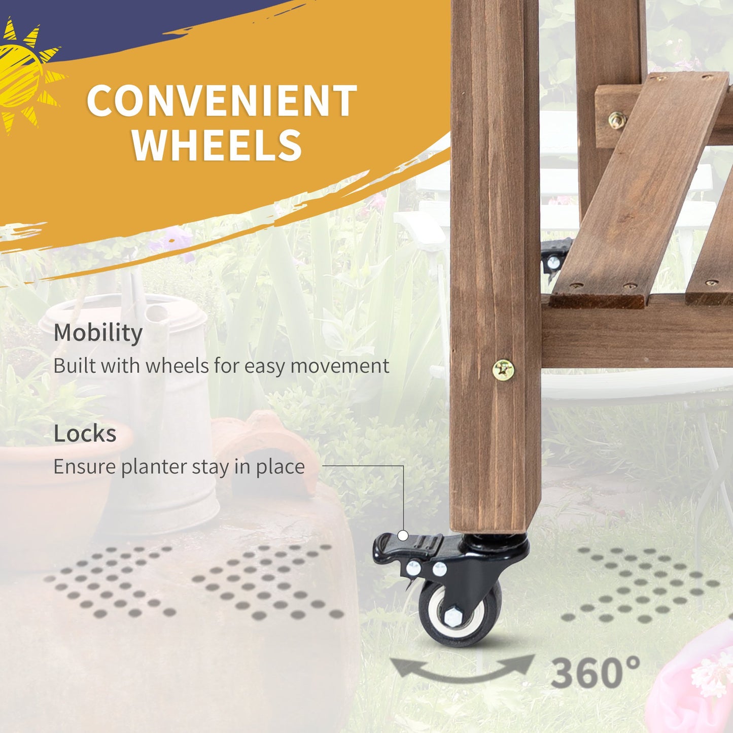 Wooden Garden Bed with Wheels, Foldable Side Clapboard, Self-Draining Design