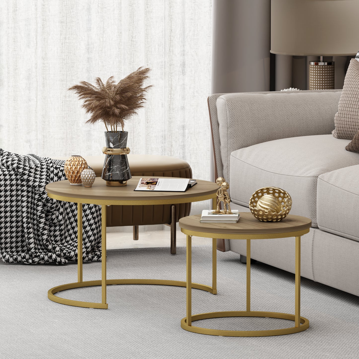 Nesting Coffee Table Set of 2 - Round Wood & Metal - Brown+Gold