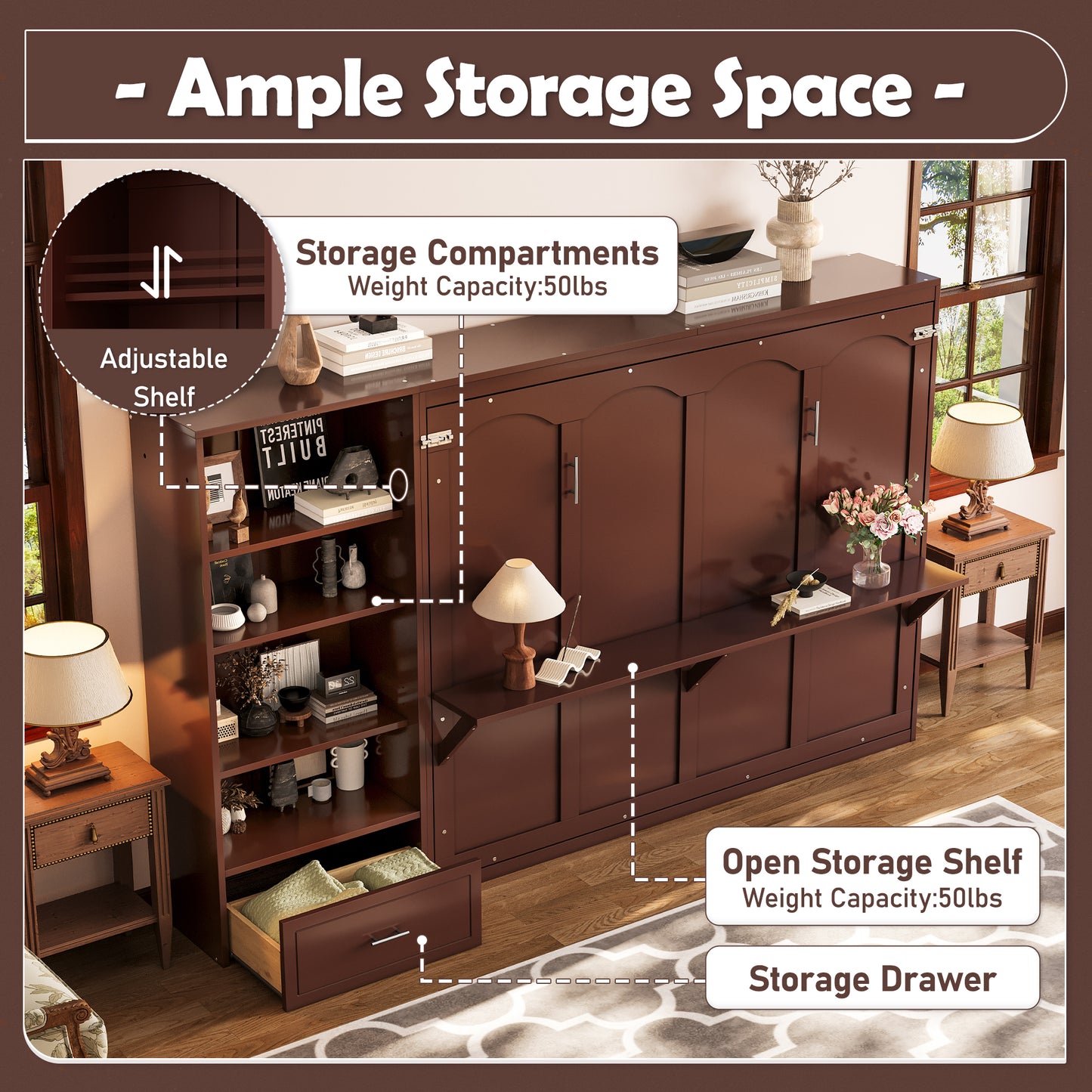 Queen Size Murphy Bed With Height Adjustable Storage Compartments And