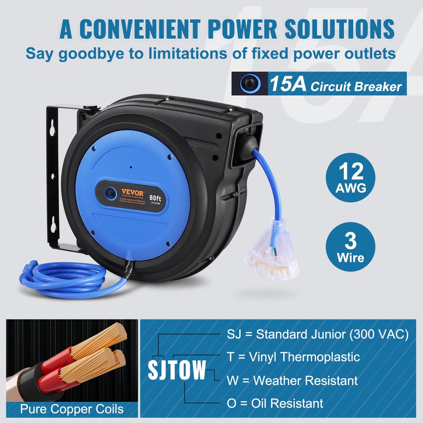 Heavy Duty Retractable Extension Cord Reel 80FT 12AWG Power Reel with Outlet